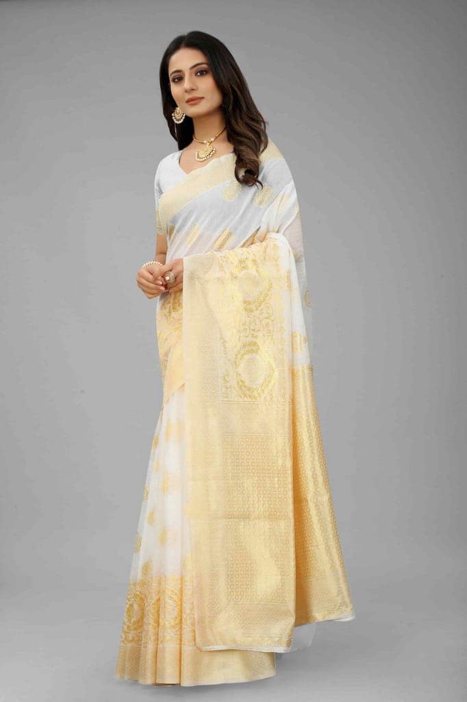 Women's Pearl White Kanjiwaram Art Silk Saree With Unstiched Blouse Piece view 4