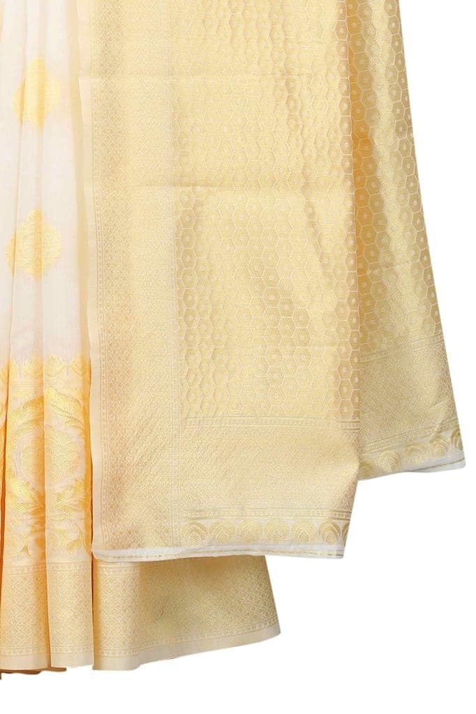 Women's Pearl White Kanjiwaram Art Silk Saree With Unstiched Blouse Piece view 6