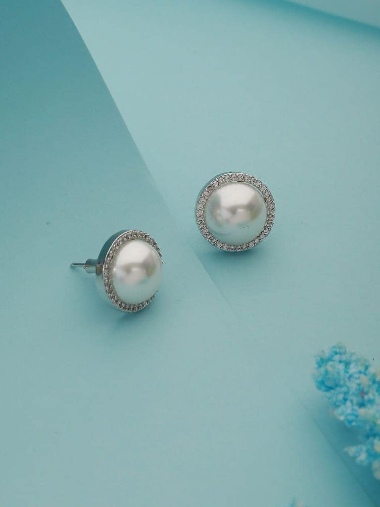 Silver Toned Pearl Minimal Studds Earrings view 2