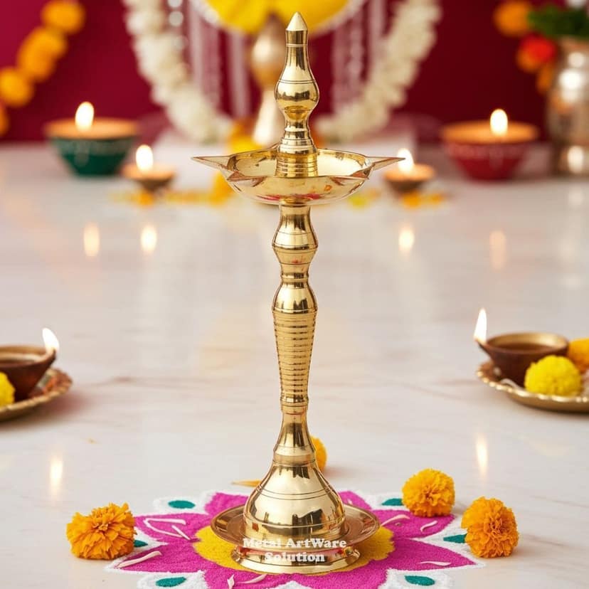 Brass Kerala Fancy Deepak, Oil Lamp No. 13 - Antique Brass Deepak for Home, Height : 16.4 Inch (FMAS642 F)