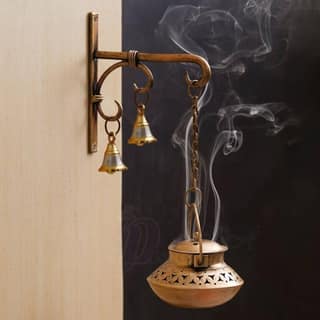 Handmade Indian Brass Wall Diya Lamp | Wall Hanging Metal T-Light Holder with Bells for Festive Decoration & Gifting
