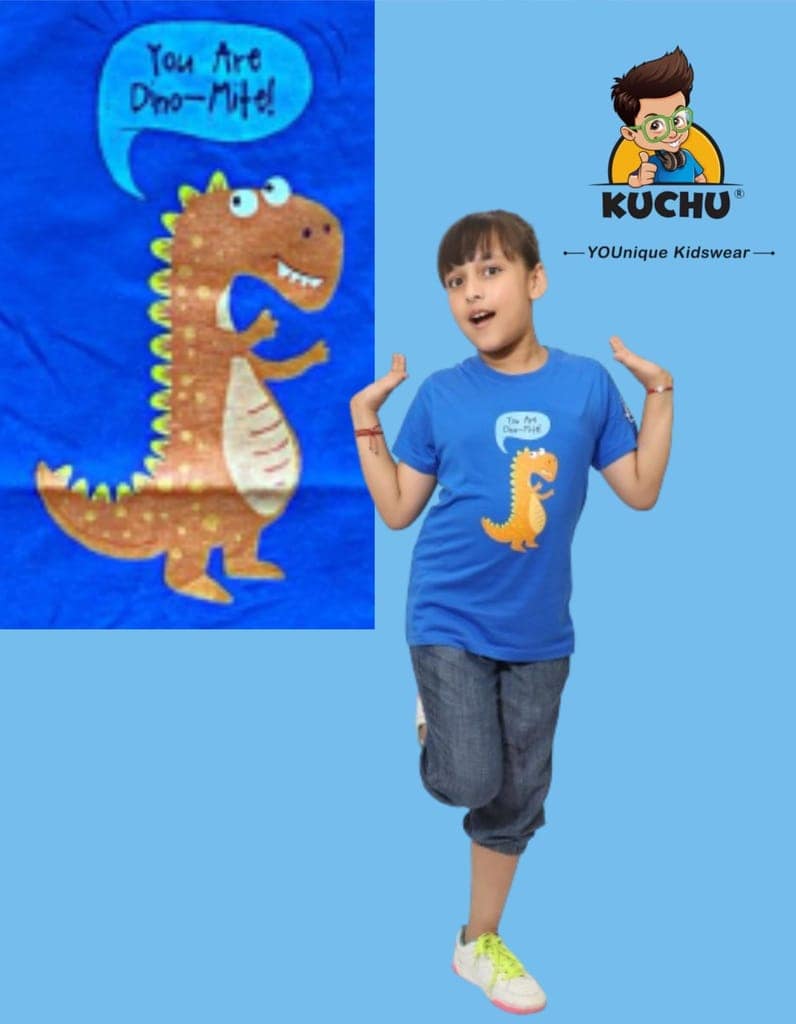 KUCHU Unisex T-Shirt | Dino Mite Print | 10–11 Years | Cotton Fabric | Breathable | Casual Wear | Graphic Tee | Everyday Wear Blue view 5