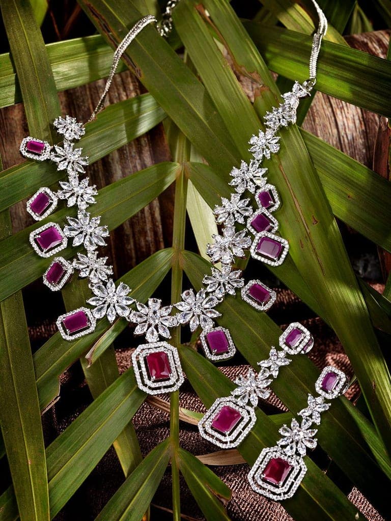 White Rhodium Plated Red AD studded Necklace Earrings Jewellery Set view 2