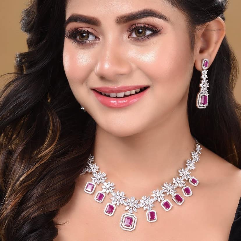 White Rhodium Plated Red AD studded Necklace Earrings Jewellery Set view 3