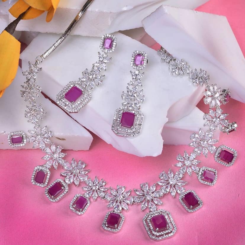 White Rhodium Plated Red AD studded Necklace Earrings Jewellery Set view 4