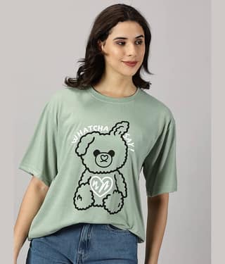 RodZen Women Cotton Blend Printed Oversized Fit Round Neck T-Shirt ( Mint Green )