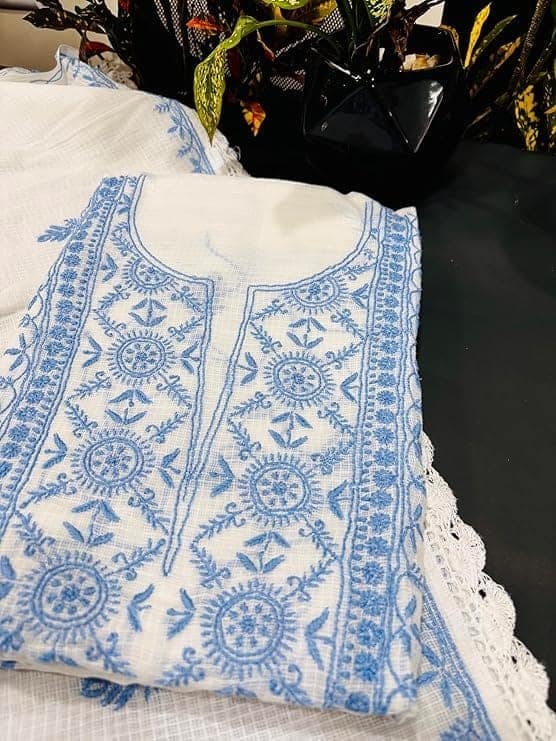 TULIP Traditional Artisians' Upliftment Livelihood Program Hand Embroidered Kota Dori Cotton Kurti Fabric Set � White with Blue Thread Work | Ethnic Women�s Unstitched Dress Material view 2
