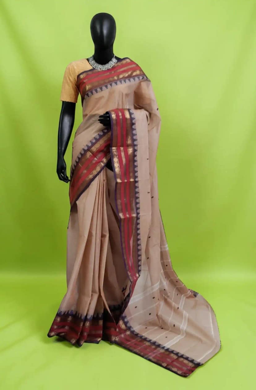 Handwoven Kanchipuram Cotton-Silk Saree in Beige with Blue Border