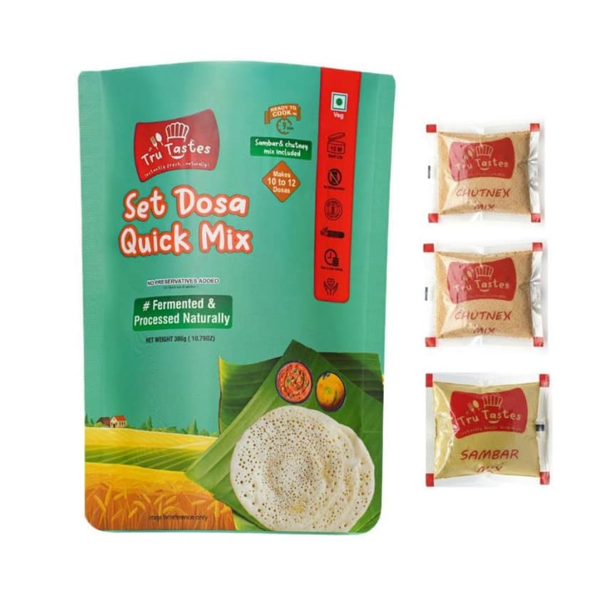 Tru tastes Dosa Quick Mix - Breakfast Mix | Quick Breakfast | Instant Ready to Cook Mix | Ready-To-Make South Indian Breakfast (Set Dosa) - 300 gm - One pack containing dosa mix and sachets of chutney/sambar view 4