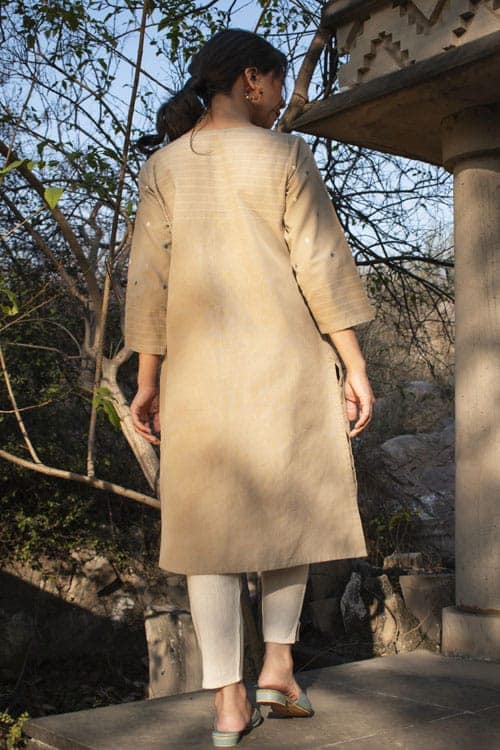 Akriti Beige Handwoven Extra-Weft slit neckline kurta view 3