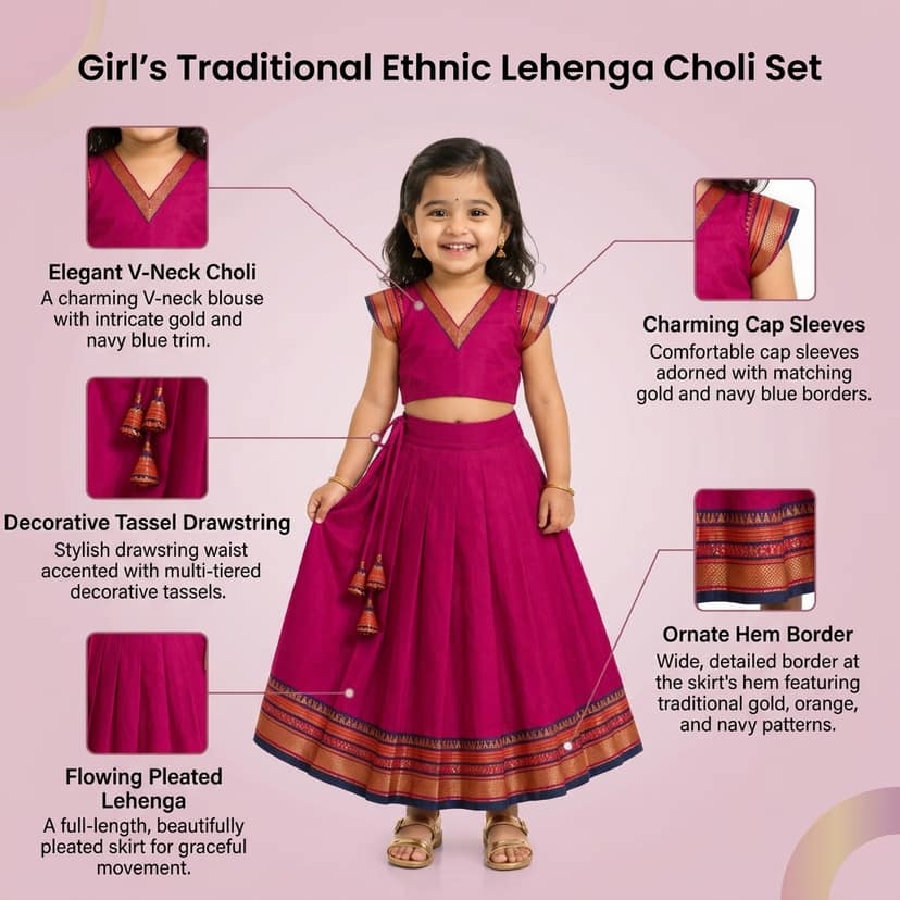 Mom and Me Girls’ Lehenga Choli/Parker Polka/Pattu Pavadai (0 Months–6 Years) | Acrylic Cotton with Soft Cotton Lining | V-Neck, Short Puff Sleeves, Zipper Closure (Pink, 6-12 M) view 4