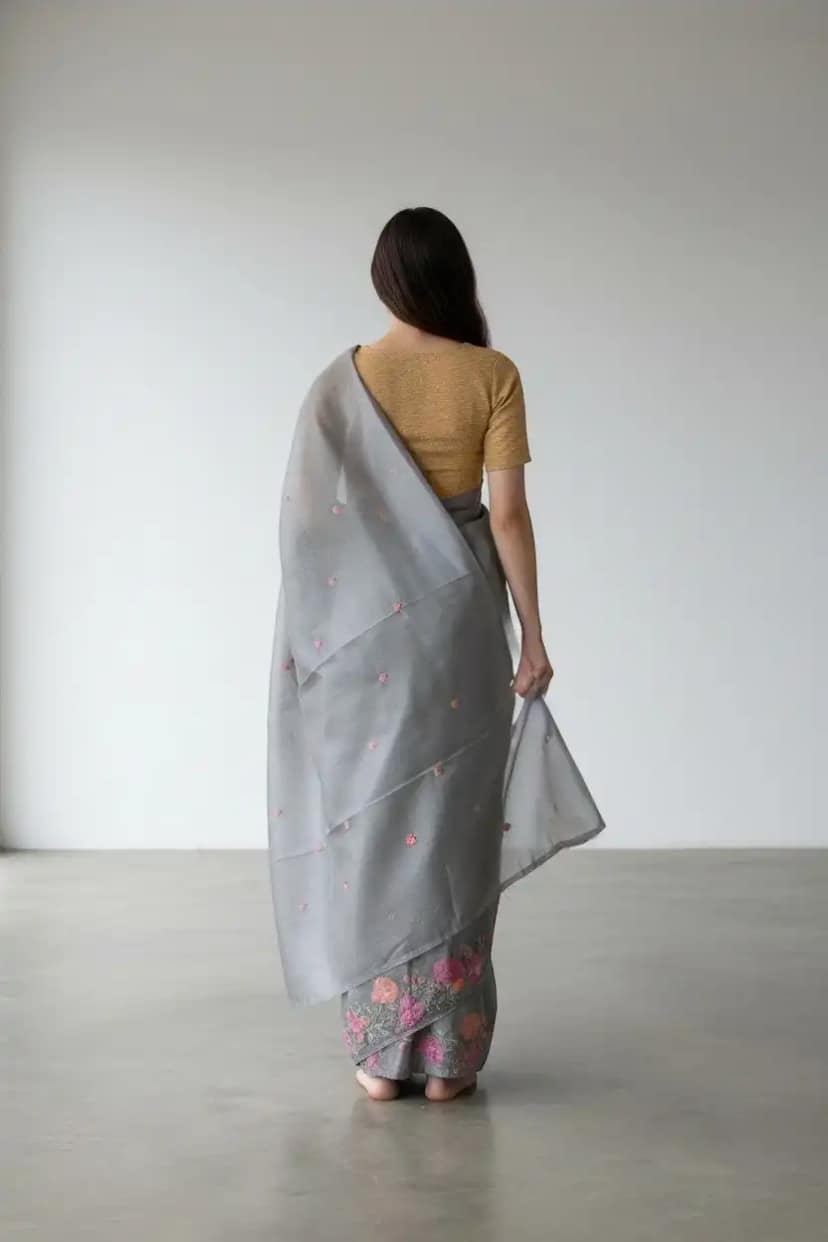 Steel Gray Kota Doria Cotton-Silk Saree with Block-Printed Floral Border view 2