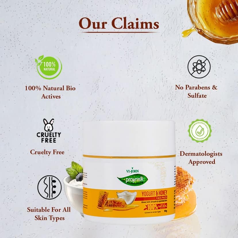 VI-JOHN Prakritik Yogurt & Honey Face Pack for Men & Women | 100g | Soft, Smooth, & Hydrated Skin | 100% Natural Bio Actives | Cruelty-free | Paraben Free | Vegan | Dermatologist Approved | All Skin Types view 5