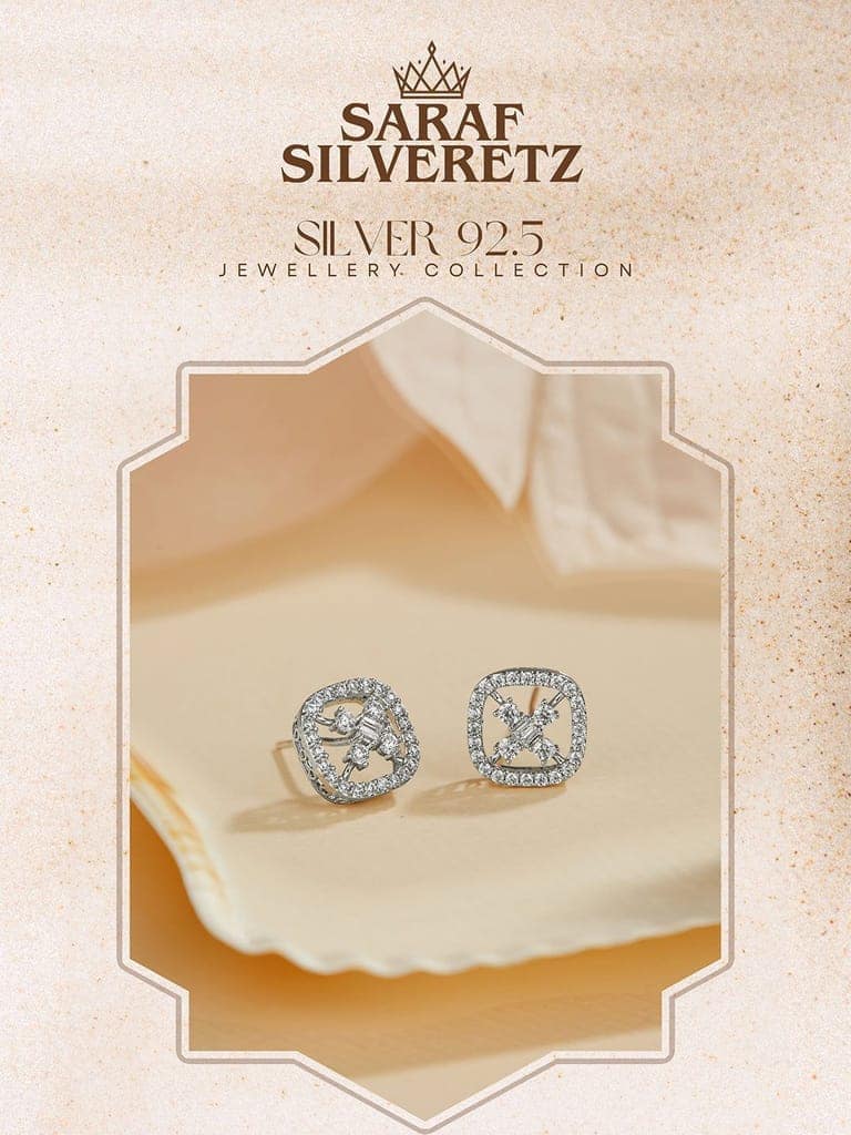 925 Sterling Silver Rhodium Plated Baguette Shaped CZ Square Floret Earrings view 3