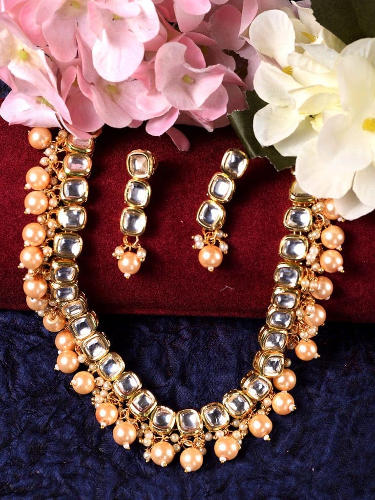 Gold Plated Single line Kundan Pearl Beaded Necklace Jewellery Set view 6