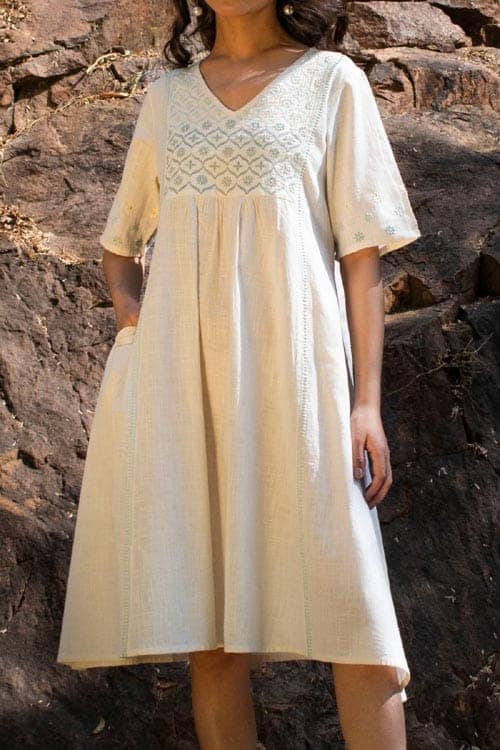 Avani Chikankari Off White Pure Cotton V Neck Dress view 6