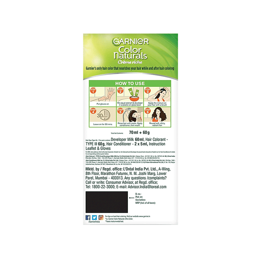 Garnier Color Naturals Crème Hair Colour, 70 Ml + 60 G Shade 1, Natural Black view 2