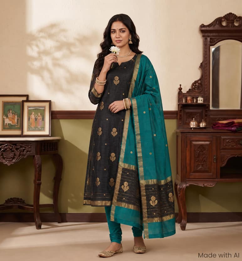 Handloom Chanderi Unstitched 2-Piece Silk By Cotton Suit Set view 6