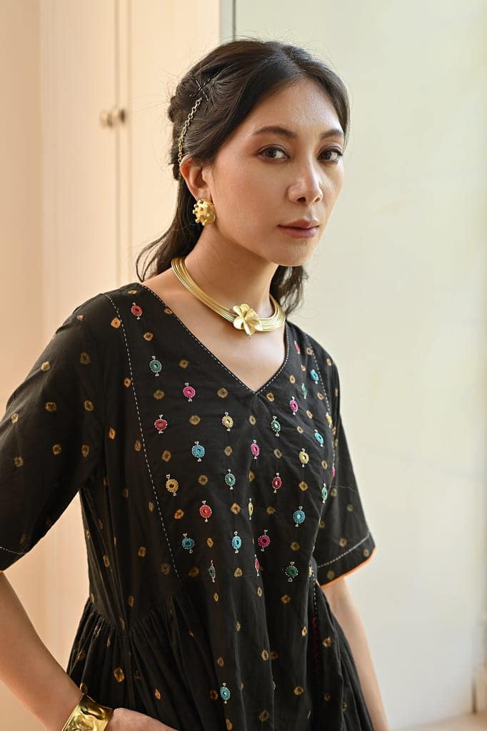 Kaanch V-Neck Bandhej And Embroidered Black Dress view 6