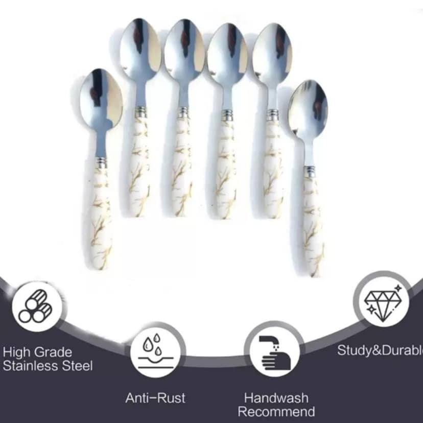 Qawvler Spoon Set for Kitchen Dining Table Solid Plastic Marble Design (Pack of 6) Color - White and Golden, Pattern - Textured view 2