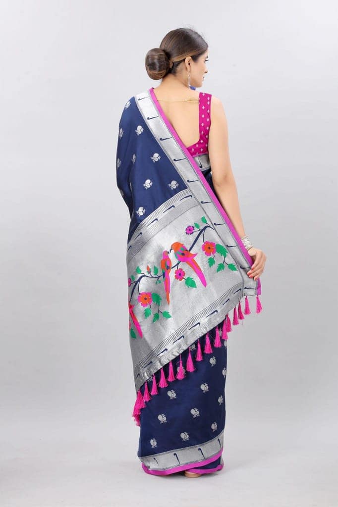 Navy Blue &amp; Gold Toned Woven Soft Silk Banarasi Saree view 3