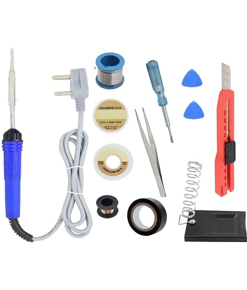 ALDECO: ( 12 in 1 ) 25 Watt Soldering Iron Kit With- Blue Iron, Wire, Flux, Wick, Jumping Wire, 2 Clip, Tester, Tweezer, Cutter Blade, Tape, Stand