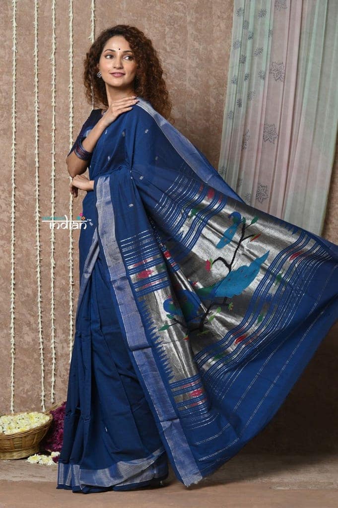Tyohaar ~ Handloom Pure Cotton Paithani Saree with Traditional Peacock Pallu ~ Indigo Blue