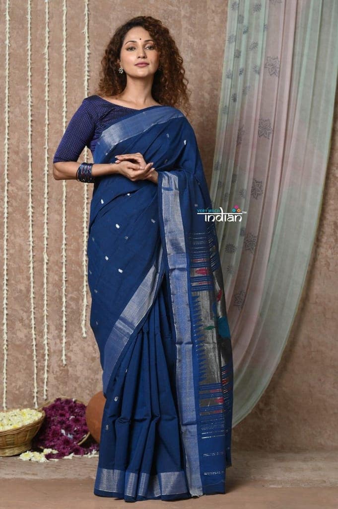 Tyohaar ~ Handloom Pure Cotton Paithani Saree with Traditional Peacock Pallu ~ Indigo Blue view 3