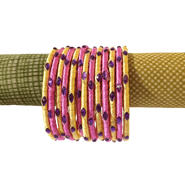 Vibrant Pink & Yellow Silk Thread Bangles with Stone Work - Handcrafted Indian Jewelry view 2