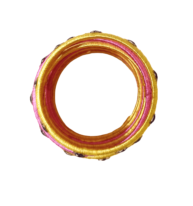 Vibrant Pink & Yellow Silk Thread Bangles with Stone Work - Handcrafted Indian Jewelry view 3
