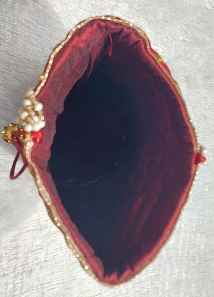 Embroidered Red and Gold Potli Bag with Pearl Beads view 3