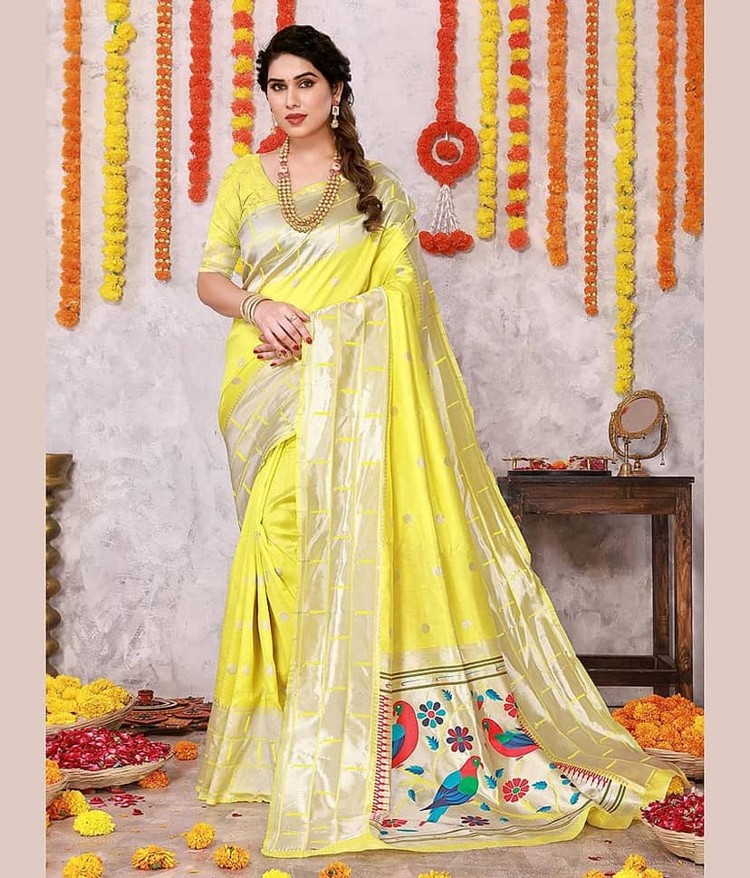 BLEESBURY Silk Woven Saree With Unstitched Blouse Piece ( Yellow )
