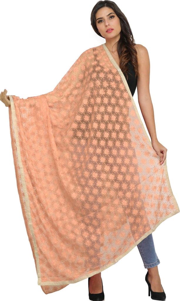 Peach-Nectar Phulkari Extra-Wide Dupatta from Punjab with Embroidered Bootis in Self-color Thread view 2