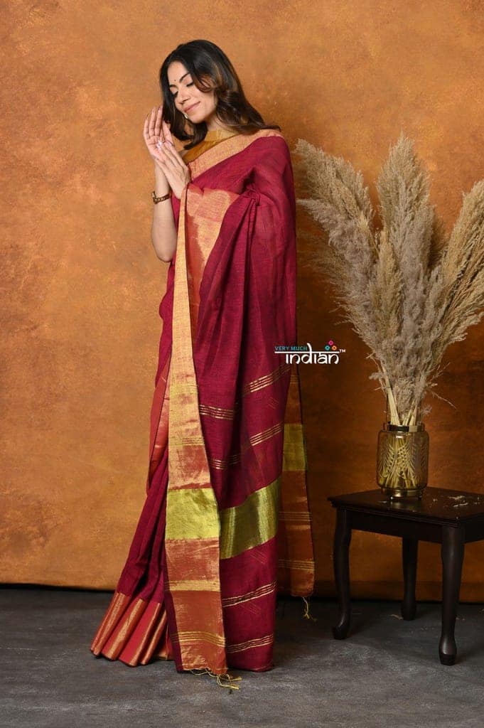 Handloom Pure Cotton Linen Saree With Golden Border view 3