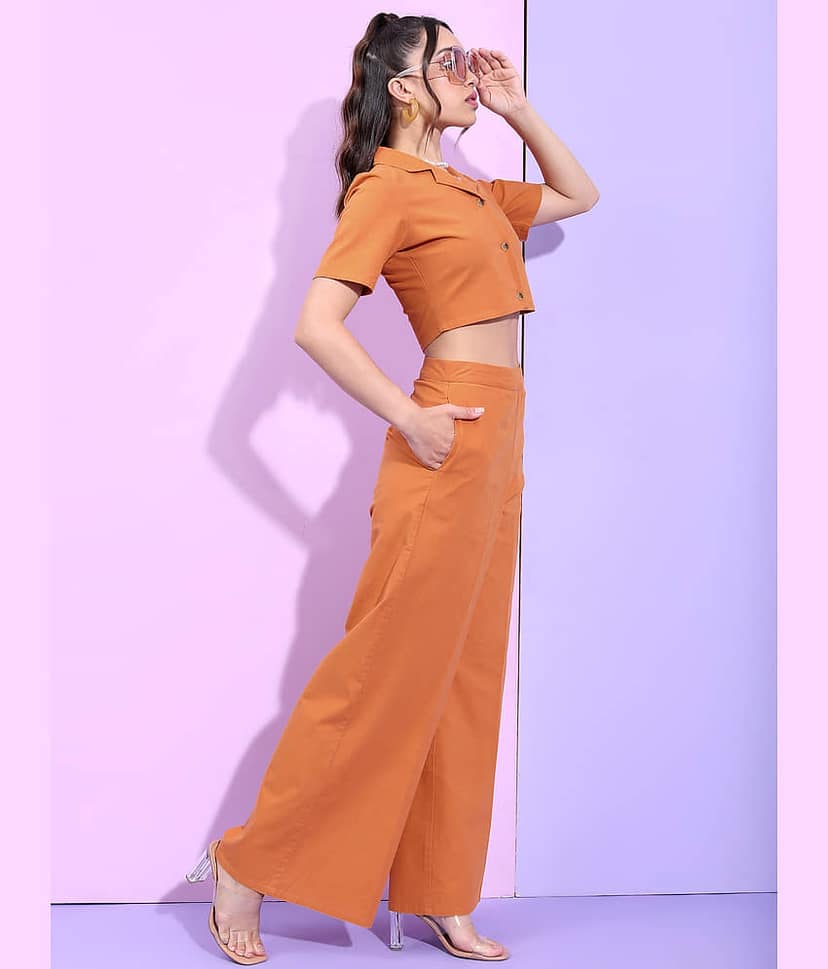 Tokyo Talkies Women Solid Top With Trousers Co-Ord Set ( Brown ) view 4