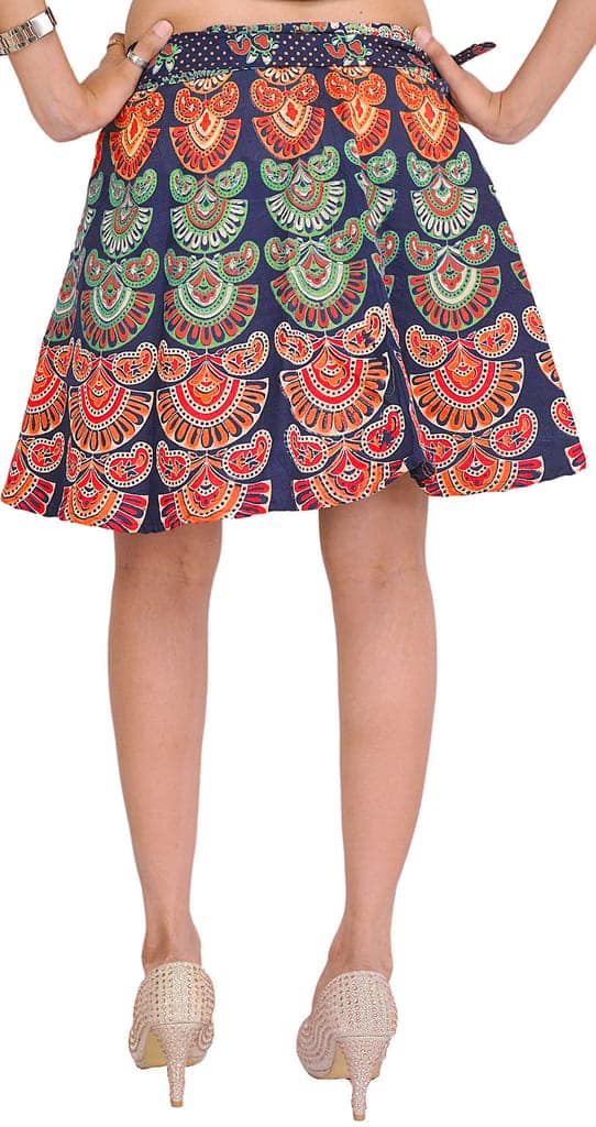 Medieval-Blue Sanganeri Wrap-Around Mini-Skirt with Printed Motifs view 2