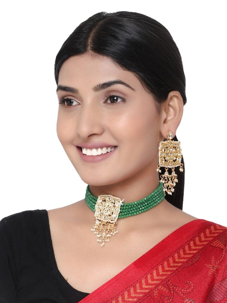 Cardinal Green Color Multistring Kundan Gold Plated Brass Choker Necklace Set