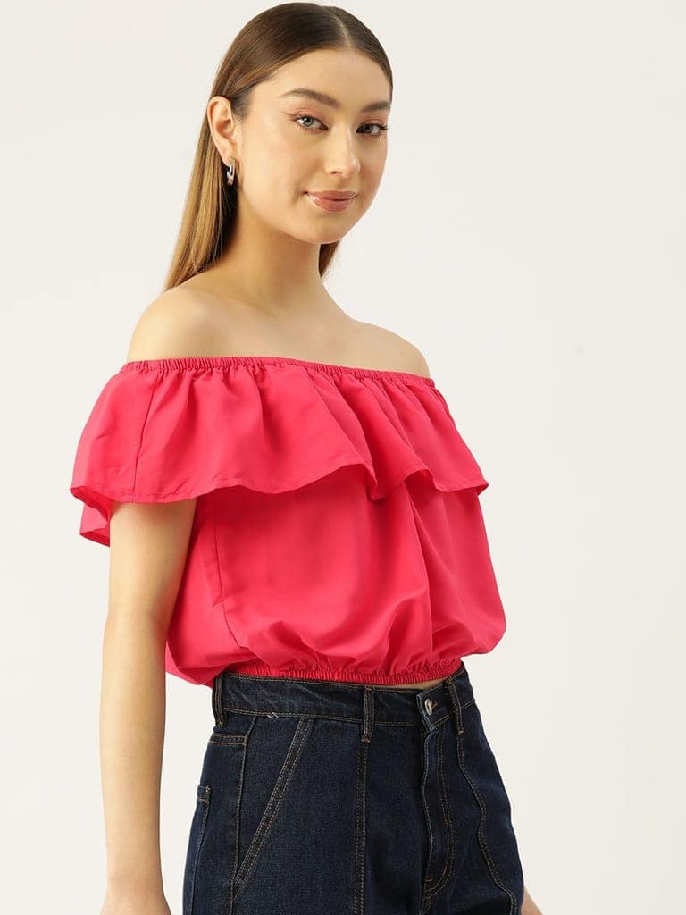 Solid Off-Shoulder Flared Sleeve Crepe Bardot Crop Top view 2