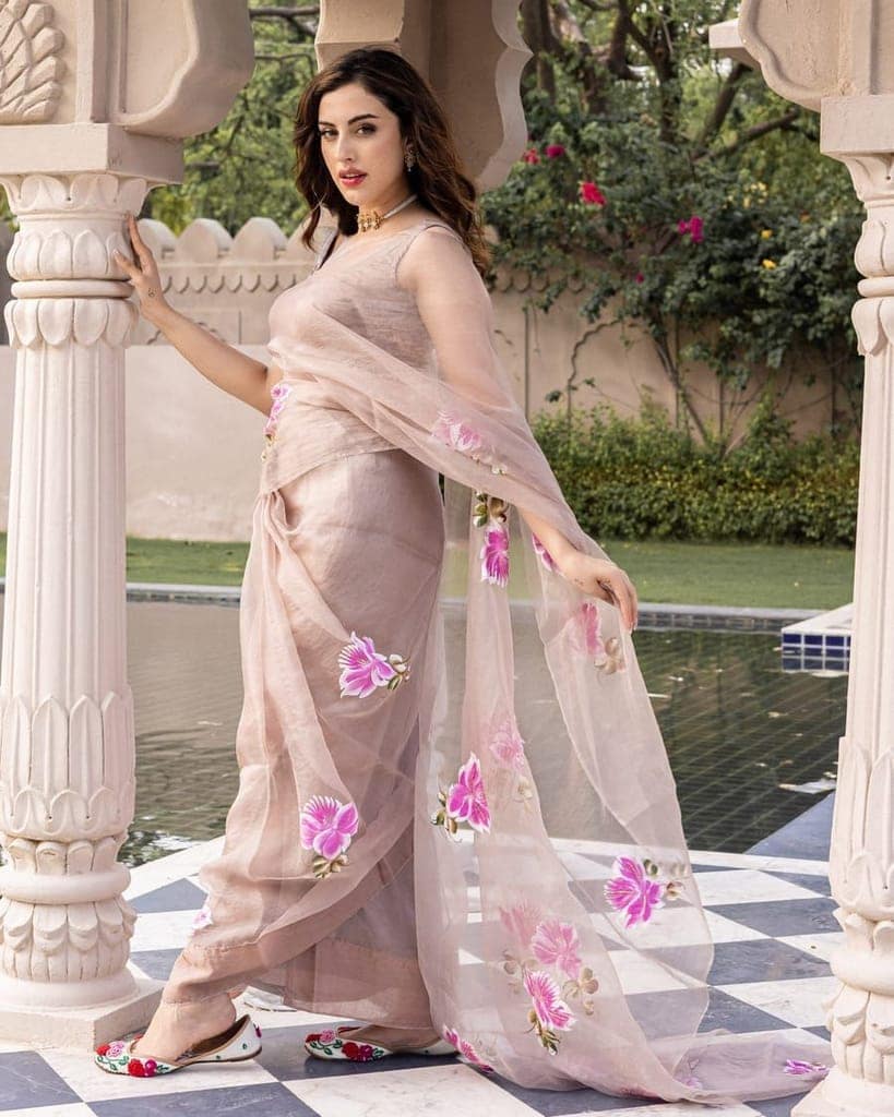 Organza Silk Saree Pale Pink Color Hand Painted with running blouse-3592