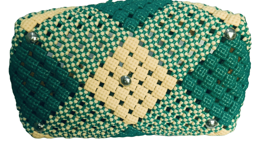 Handmade Green and White Checkered Plastic Tote Bag view 4