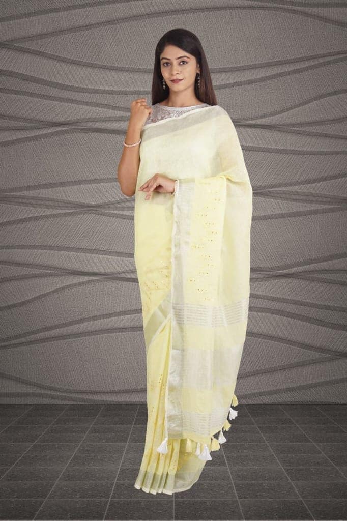 Yellow Linen Saree With Abla Work