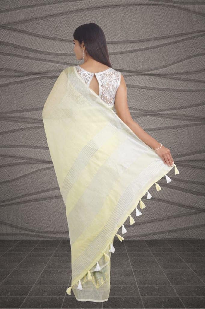 Yellow Linen Saree With Abla Work view 2