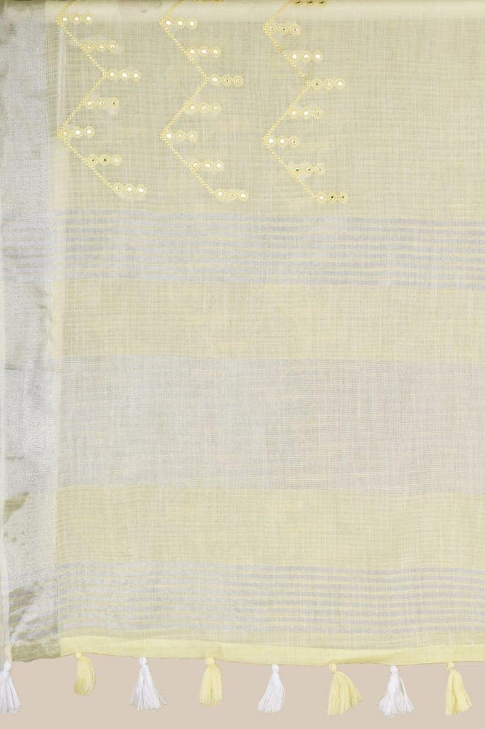 Yellow Linen Saree With Abla Work view 3