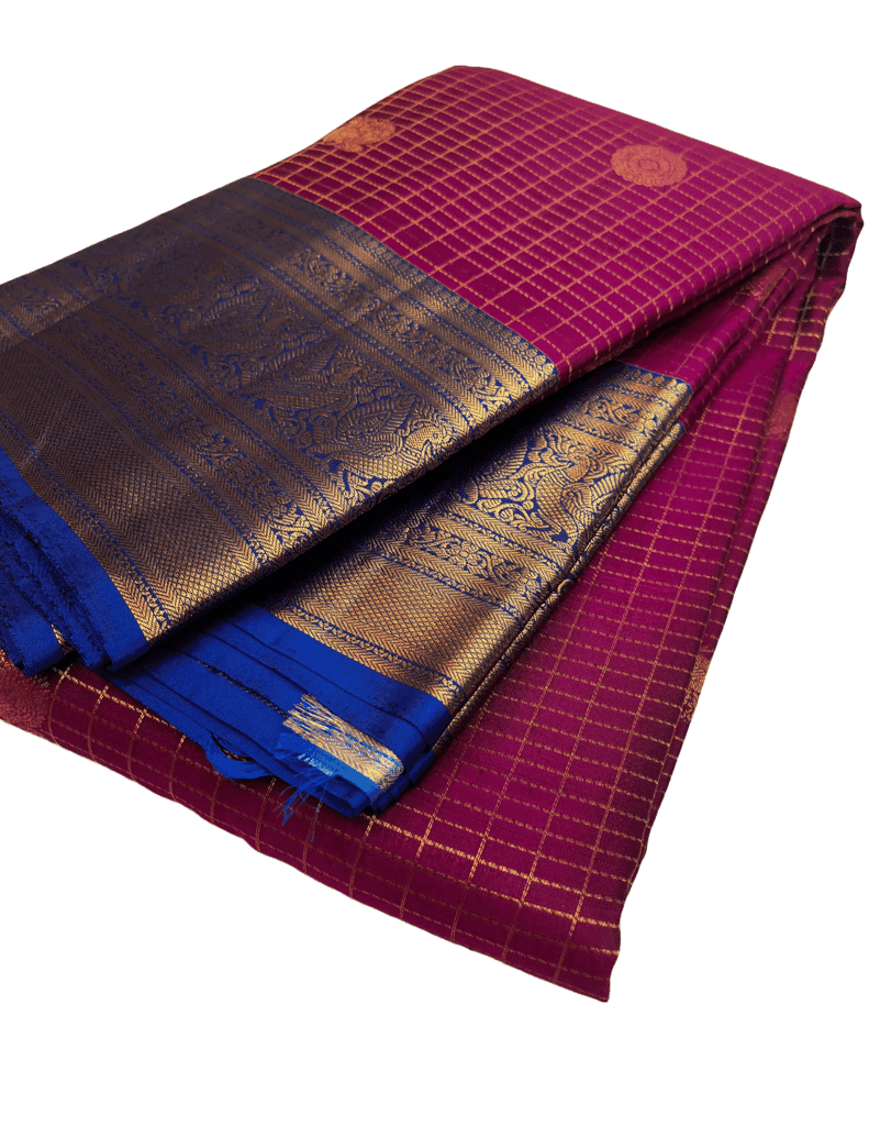 Merlot Red with Blue Pure Silk Saree Has Vaira Oosi Line Checked & Double Butta Design with Unstitched Blouse view 3