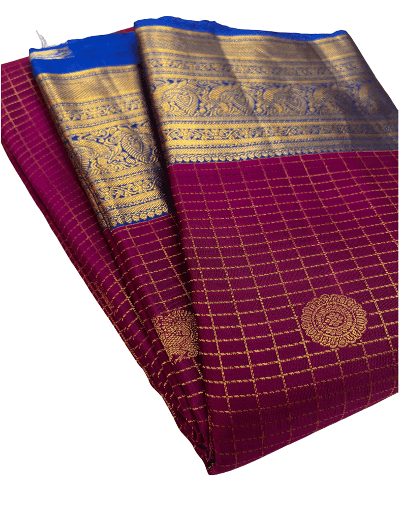 Merlot Red with Blue Pure Silk Saree Has Vaira Oosi Line Checked & Double Butta Design with Unstitched Blouse view 6