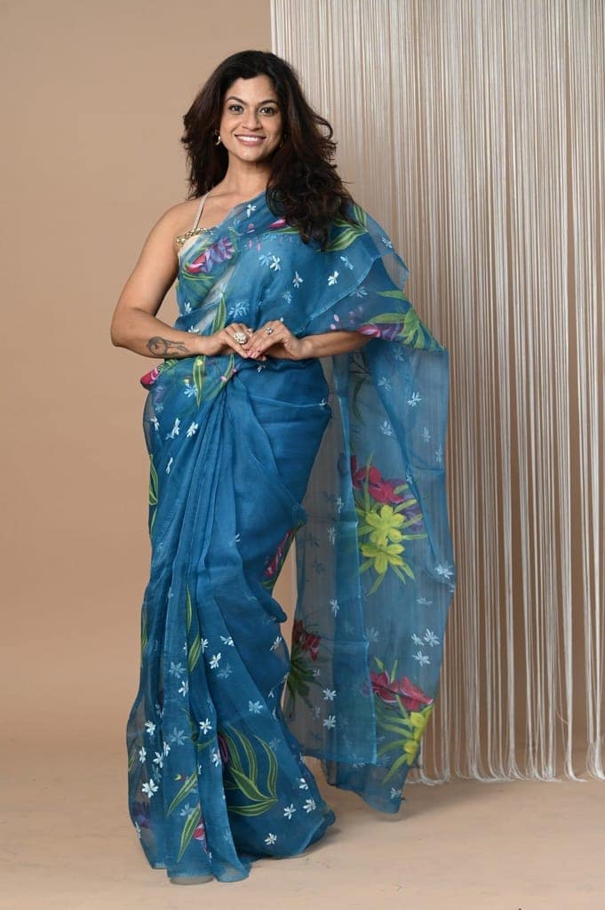 Pure Organza Silk Handpainted Sarees~Eternal Blue