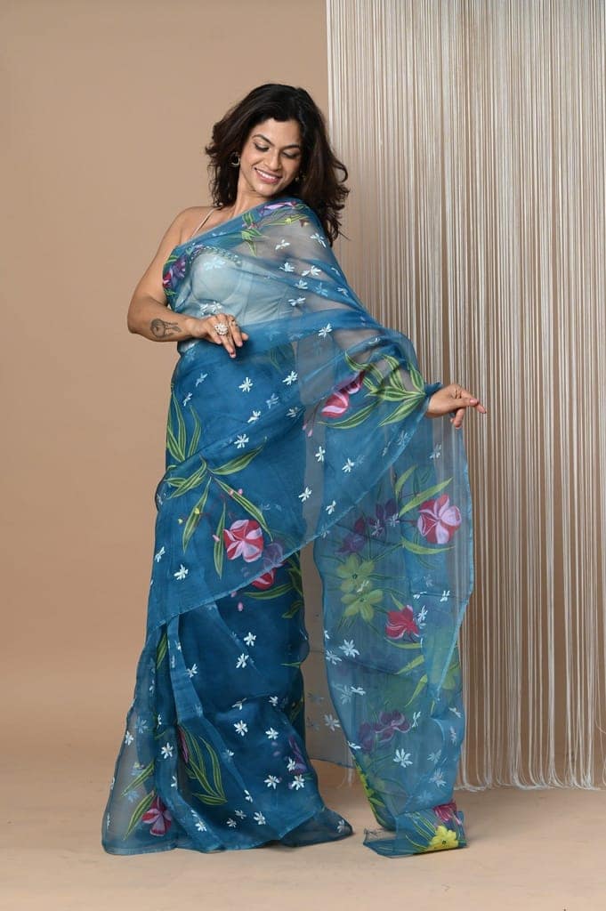Pure Organza Silk Handpainted Sarees~Eternal Blue view 2
