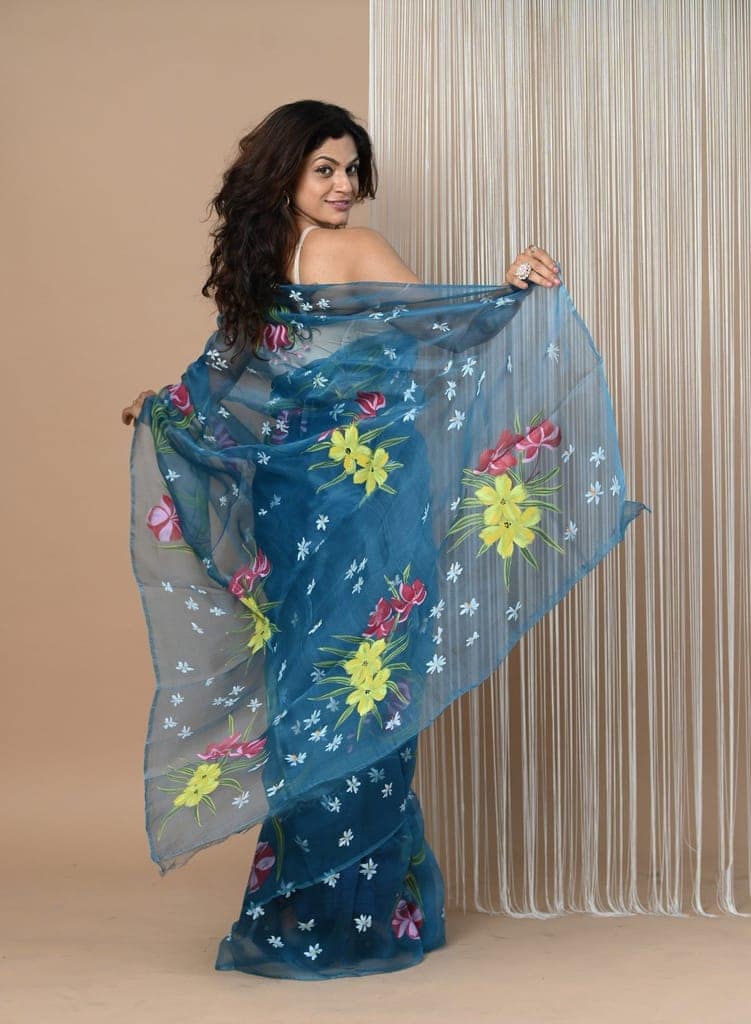 Pure Organza Silk Handpainted Sarees~Eternal Blue view 4