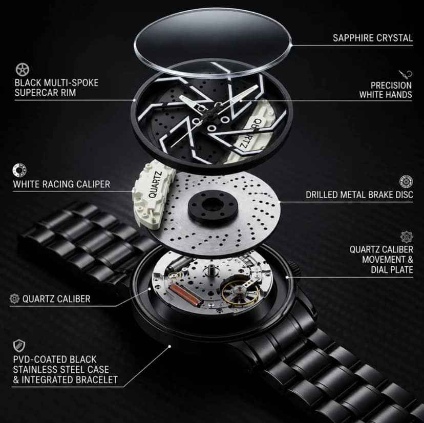 Rim Style Wheel Watch for Men | Car Wheel Hub Quartz Analog Wristwatch with Stainless Steel Strap view 2