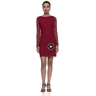 Miss Chase Womens Maroon Round Neck Full Sleeves Lace Bodycon Mini Dress view 2